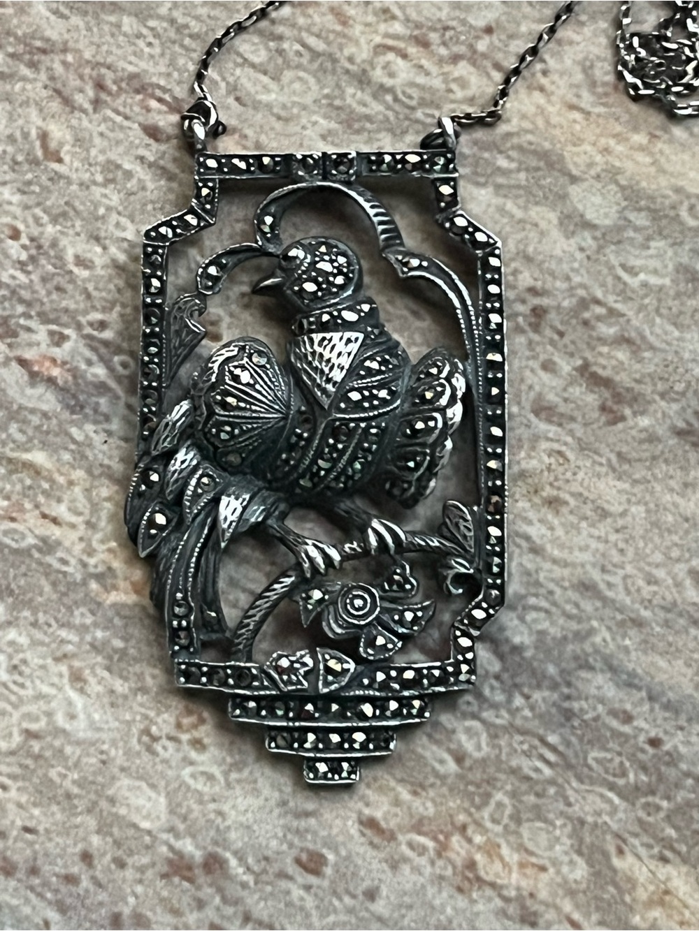 Antique Sterling Silver And Marcasite Bird Necklace - Picture 14 of 16